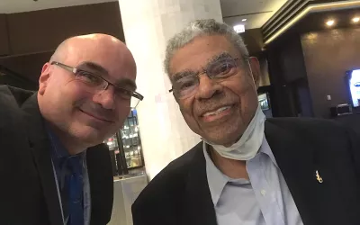 Former AMA president Lonnie Bristow, MD, a retired internal medicine specialist, and Health Exec Digital Editor Dave Fornell, at the 2022 AMA House of Delegates meeting in Chicago. Bristow advocated at the meeting for the AMA to support gun control legislation and other provisions that can address what many doctors at the meeting called a healthcare epidemic of gun violence. AMA #AMA22 #AMA2022 #AMA175 #AMAmtg